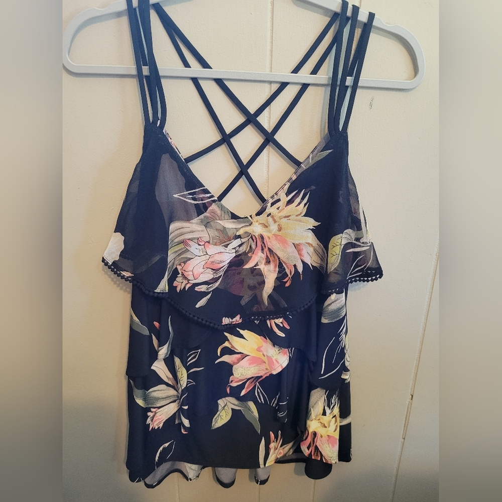 White House Black Market Floral Strappy Top - Black with Pink and Yellow